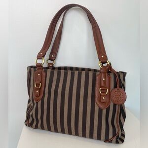 Etienne Aigner Striped Canvas & Leather Bag Brown Tan Equestrian Quiet Luxury